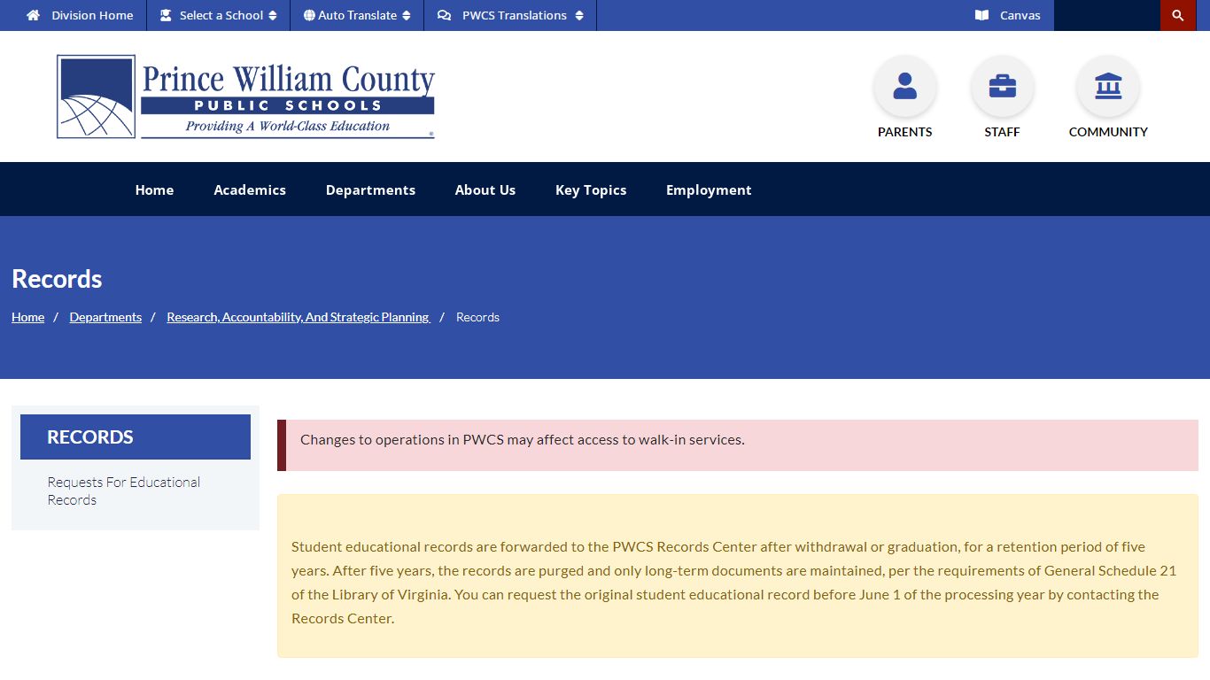 Records - Prince William County Public Schools